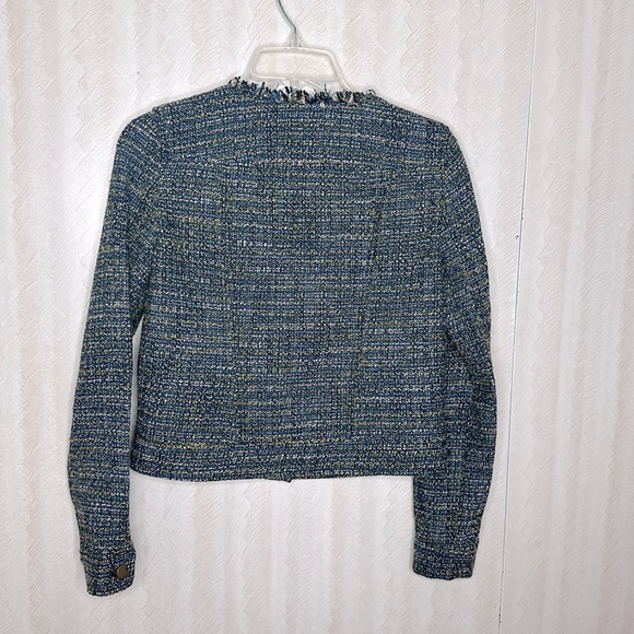 🆕 QMack Tweed Jacket Blazer with Fringe Trim in Blue Multi, Size small - Picture 6 of 9